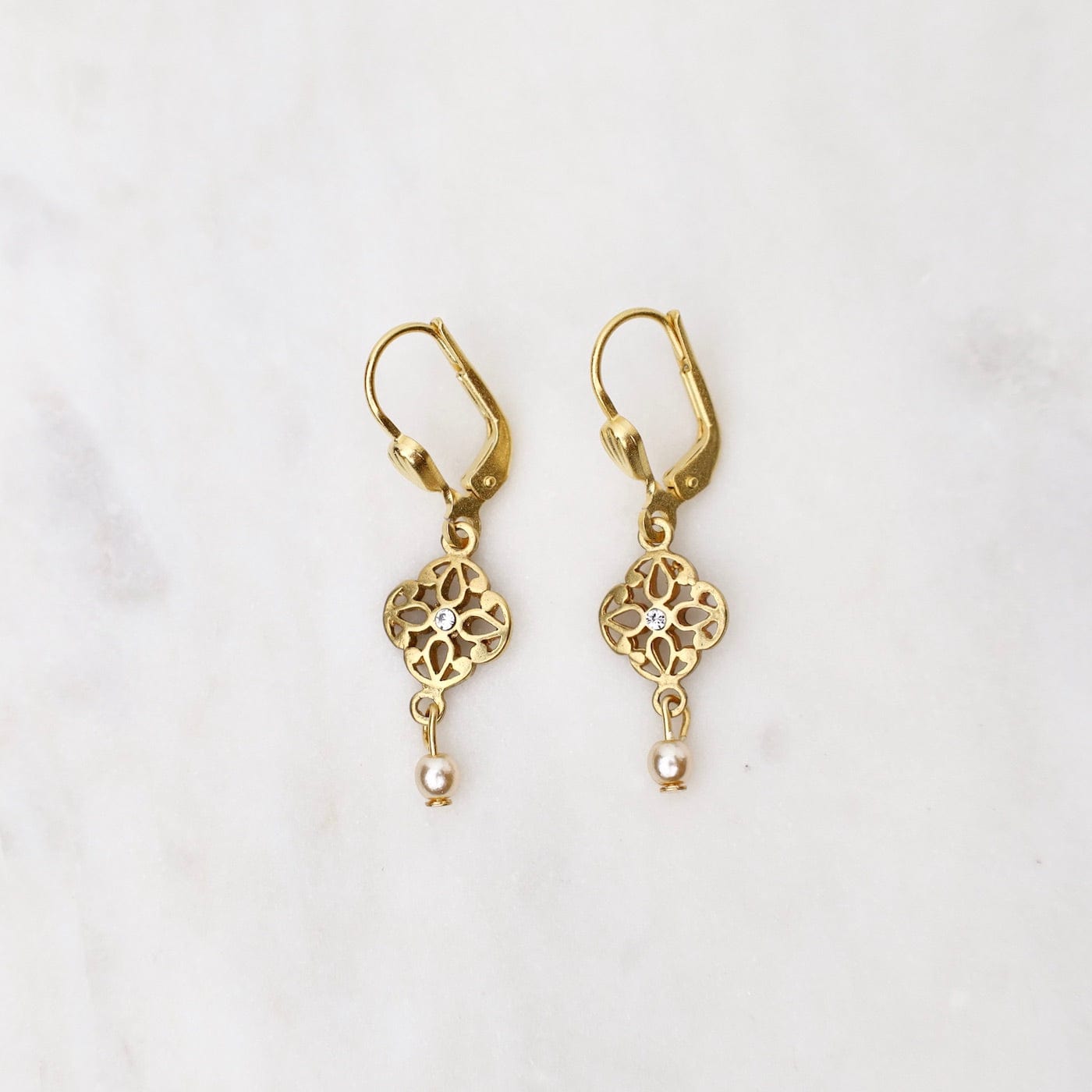 EAR-JM Gold Small Crystal Lotus Earrings with Pearl Drop