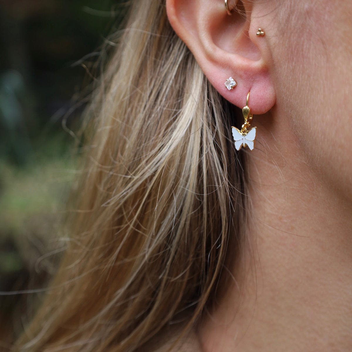 EAR-JM Gold White Enamel Butterfly Earrings