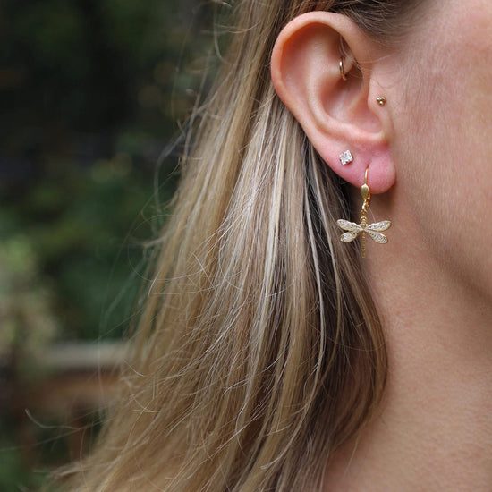 EAR-JM Gold White Enamel Dragonfly Earrings
