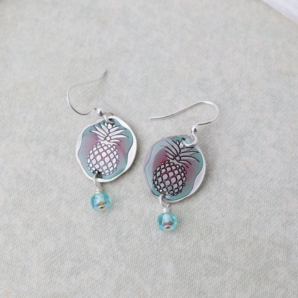 EAR-JM Good Luck Pineapple - Silver/Green/Pink Earrings