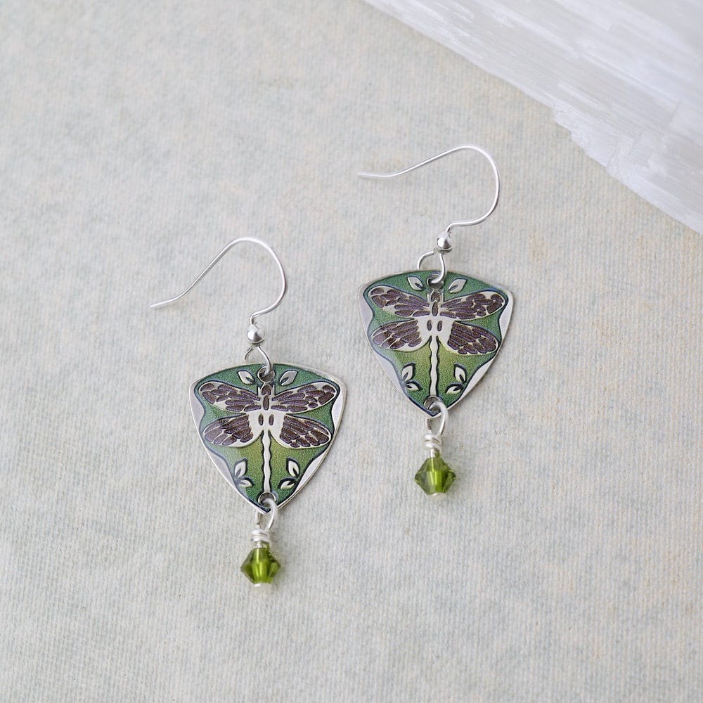 EAR-JM Green Dragonflies on Triangle Earrings - Plated Su