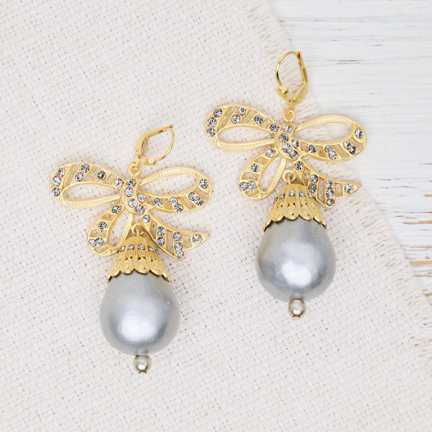 EAR-JM Grey Glass Pearl and Bow Earrings