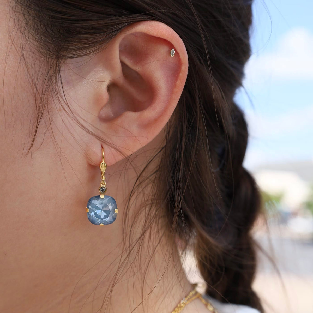 EAR-JM Large Denim Blue Drop Earring- Gold Plate