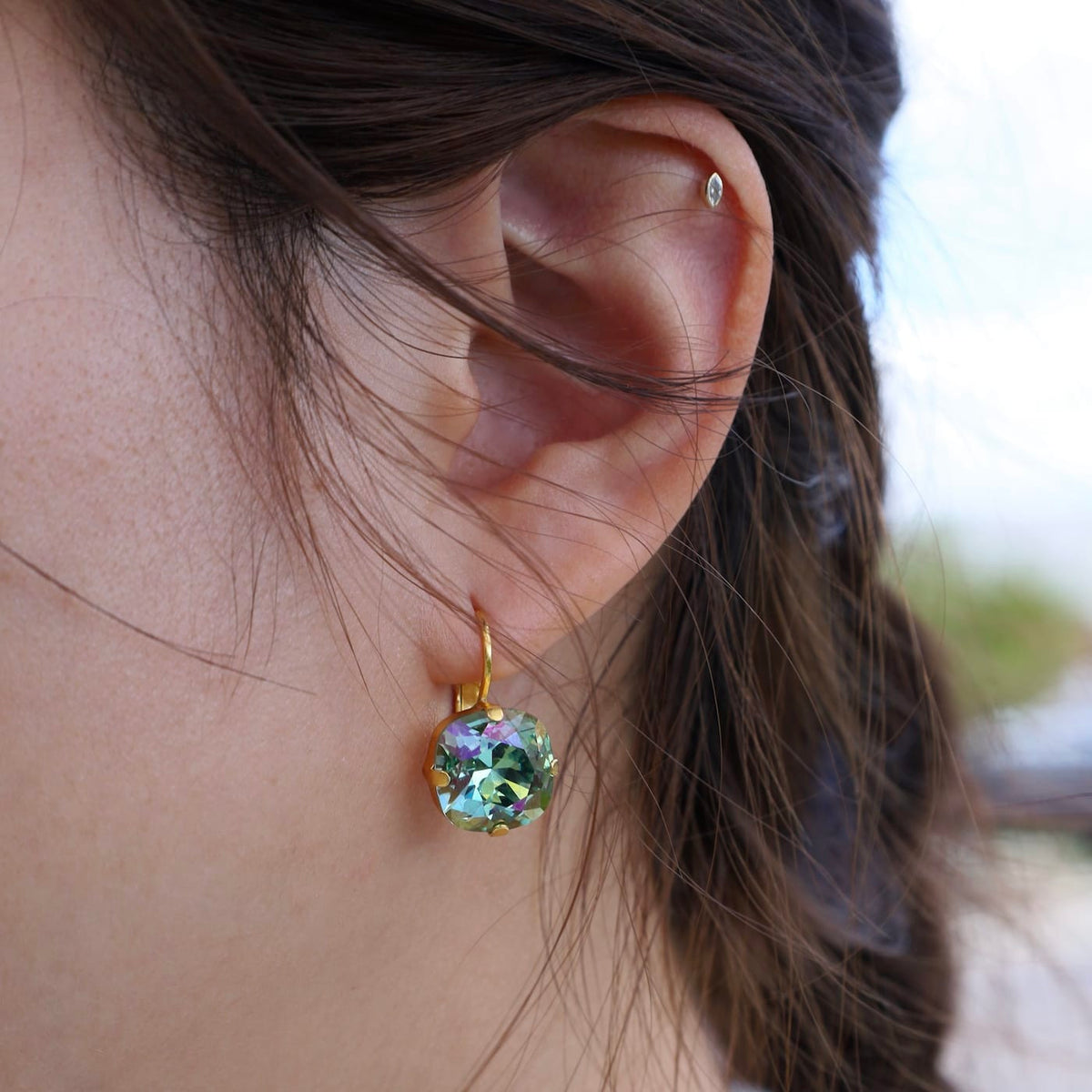 EAR-JM Large Iridescent Sapphire Drop Earring- Gold Plate