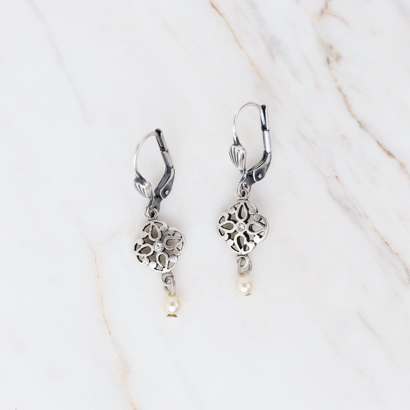 EAR-JM Old Silver Crystal Pearl Lotus Earrings