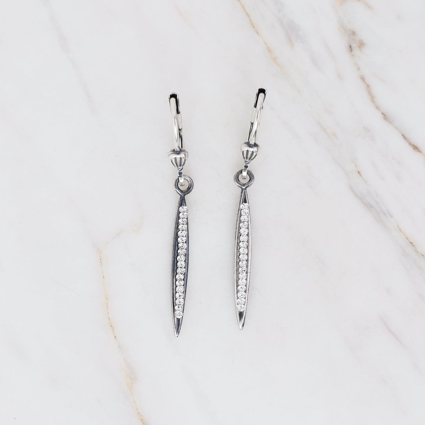 EAR-JM Old Silver Small Crystal Willow Leaf Drop Earrings