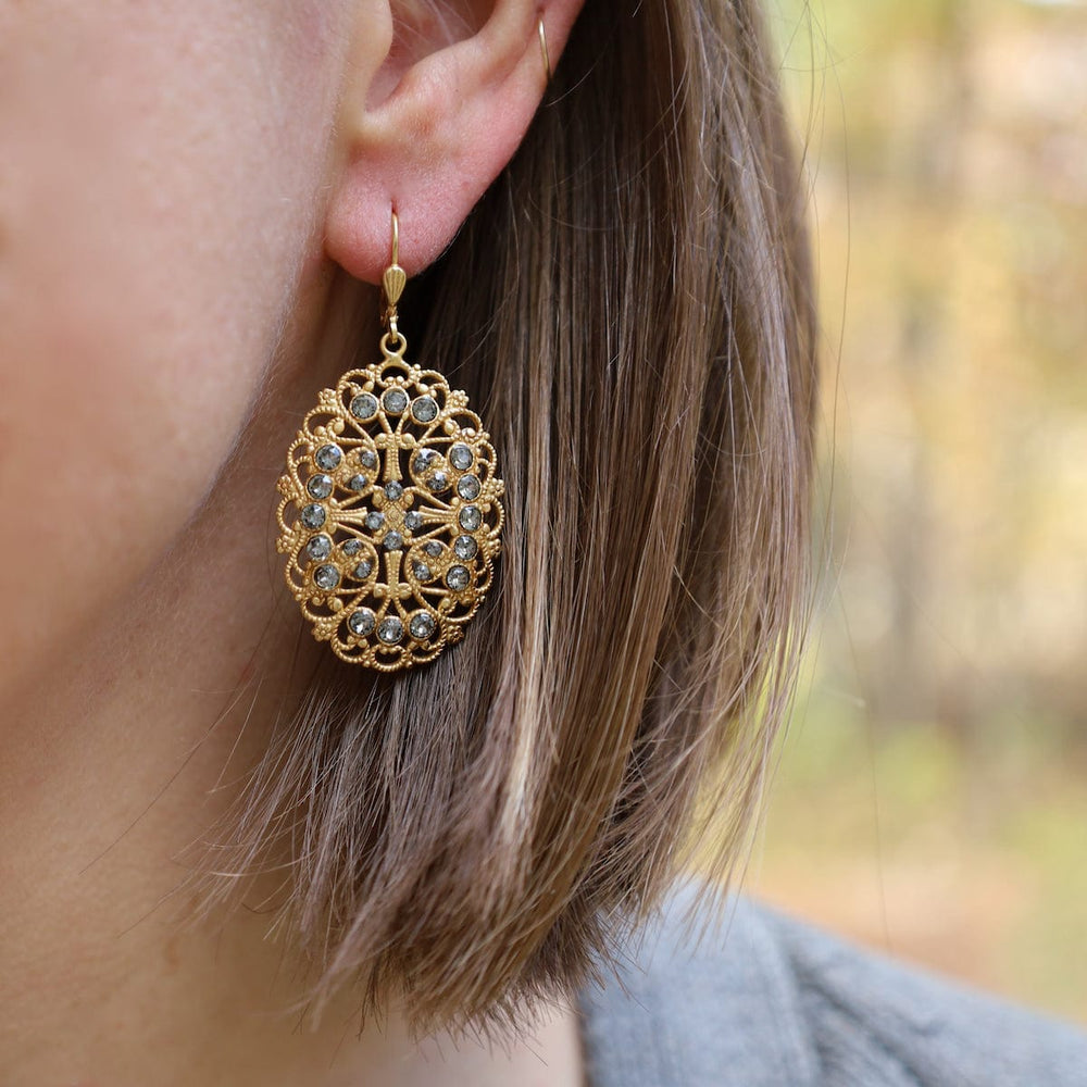 EAR-JM Oval Filigree Drop Earrings - Gold Plated