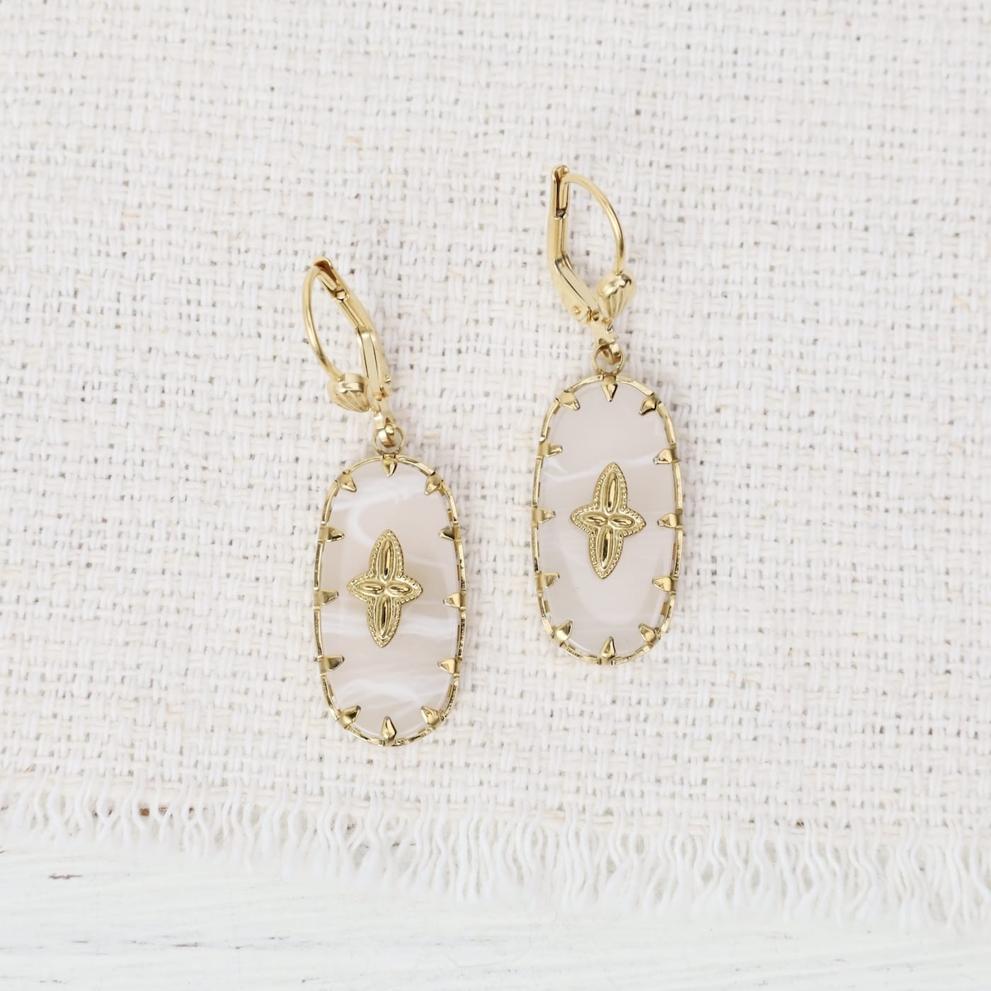 EAR-JM Oval White Stone Earrings- Gold Plate