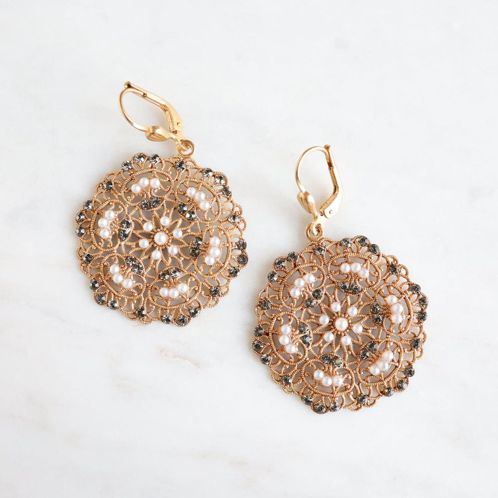 EAR-JM Pearl and Crystal Gold Filigree Earrings