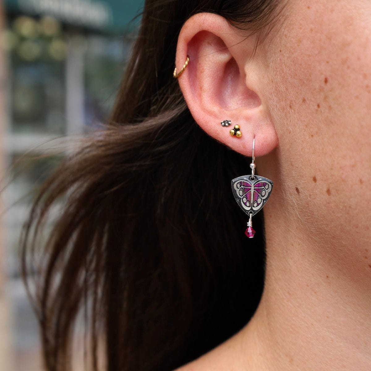 EAR-JM Pink Butterfly on Triangle Earrings