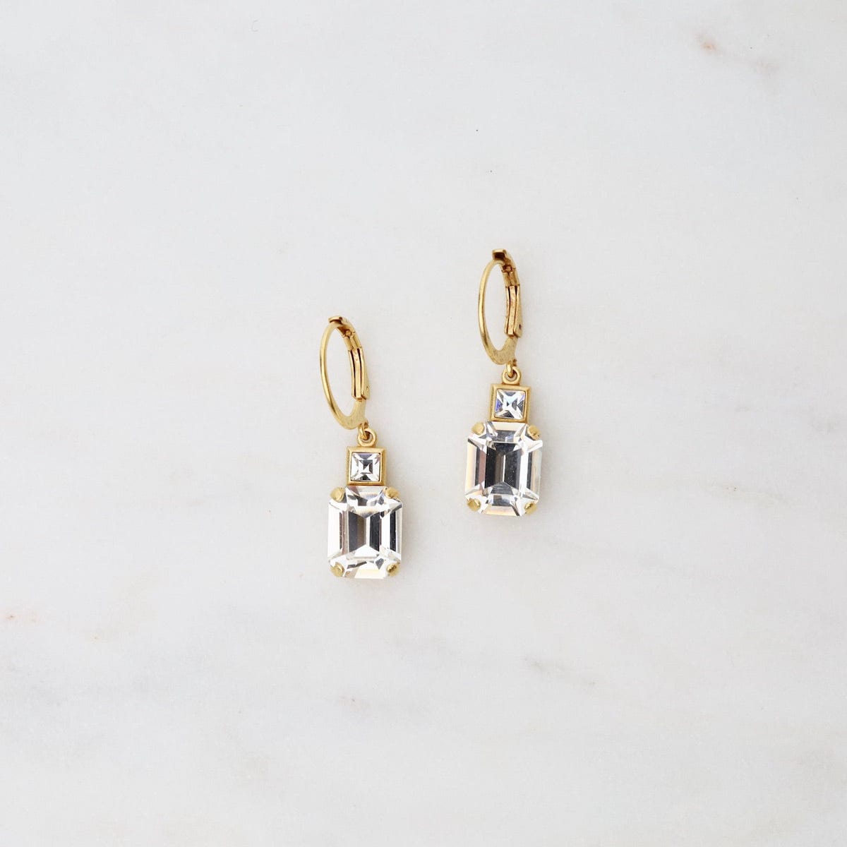 EAR-JM Rectangle Clear Crystal Earrings - Gold Plate