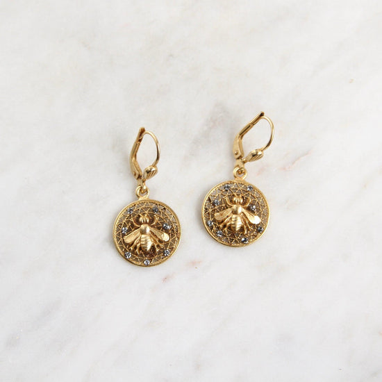 EAR-JM Round Filagree with Bee Drop Earring - Gold Plate