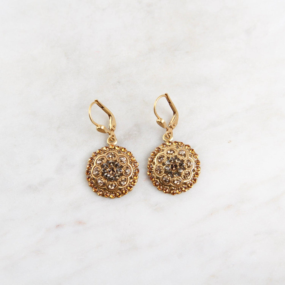 EAR-JM Round Flower Earring Orange Crystals - Gold Plate