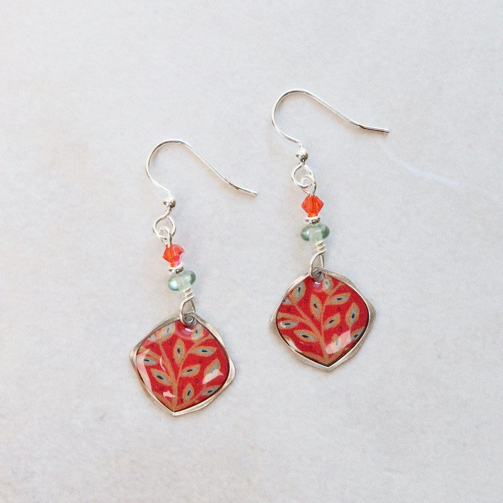 EAR-JM Round Leaf Pattern Earrings with Tangerine Background & Beads