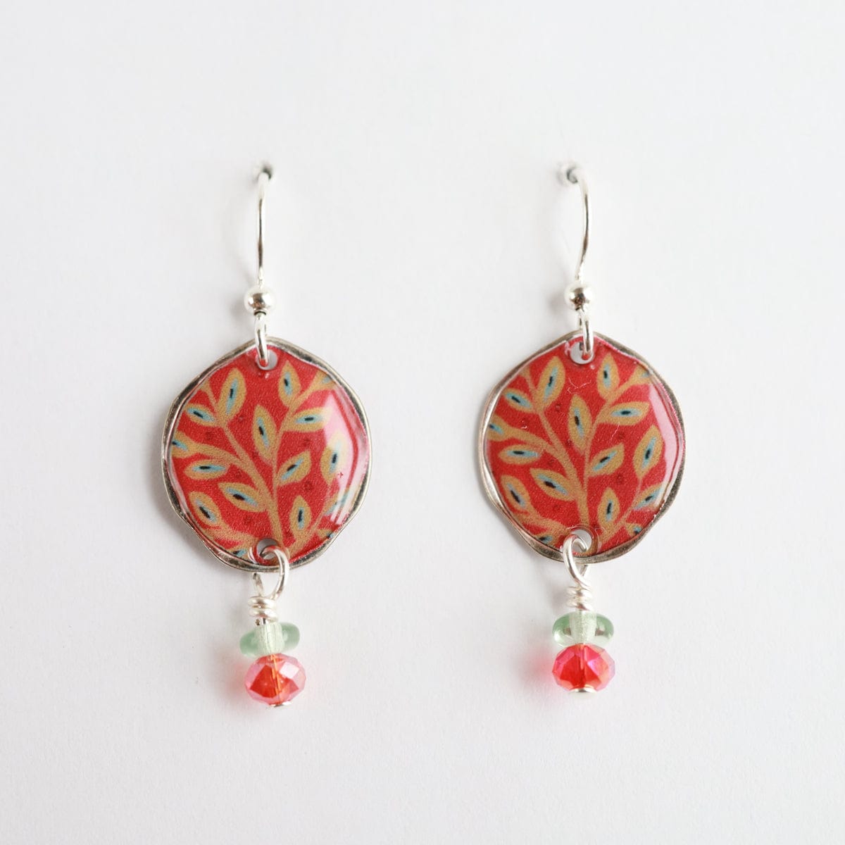 EAR-JM Round Leaf Pattern with Tangerine Background & Bead Earring