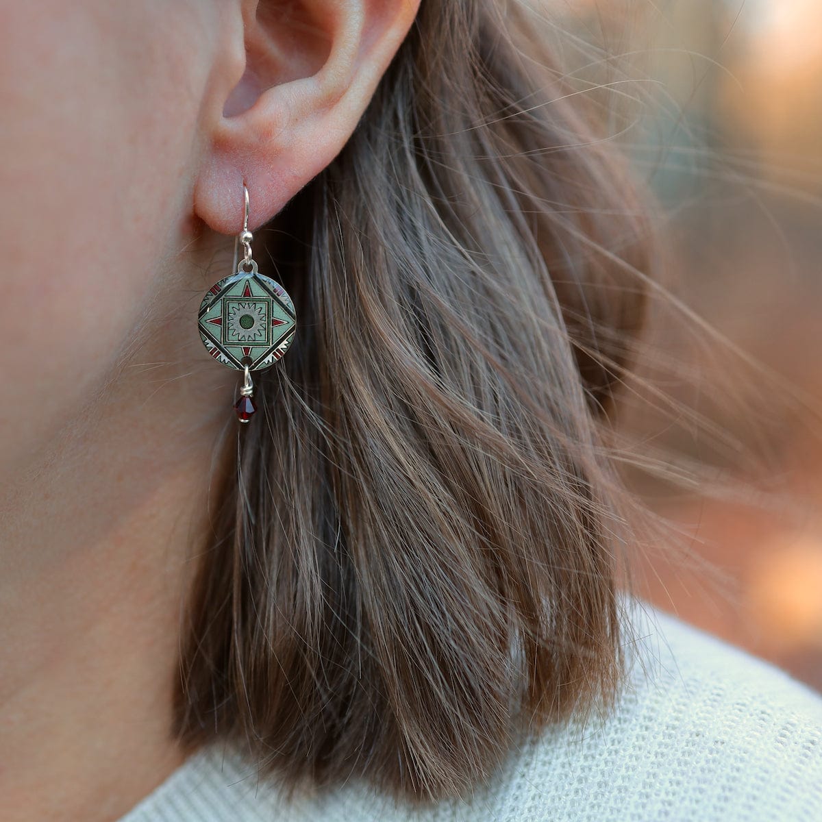 EAR-JM Silver Compass Mandala with Purple Bead Earrings