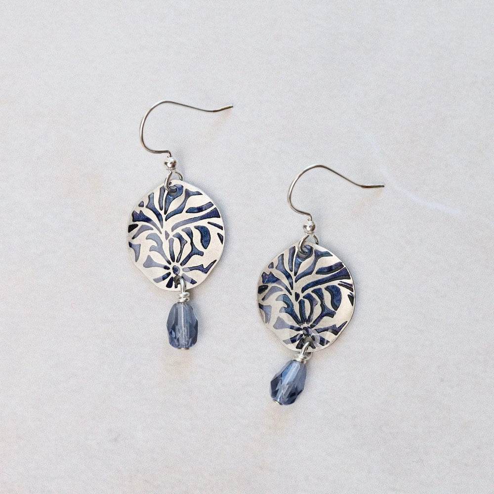 EAR-JM Silver Flower Burst in Blue with Dangle Crystal Earrings