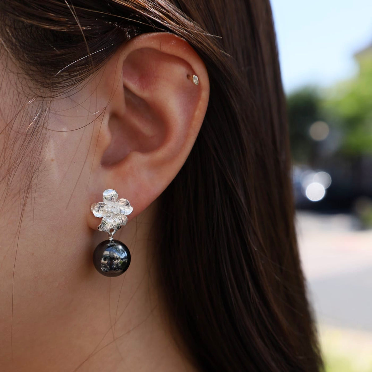 EAR-JM Silver Flower Post with Hematite Ball Earrings