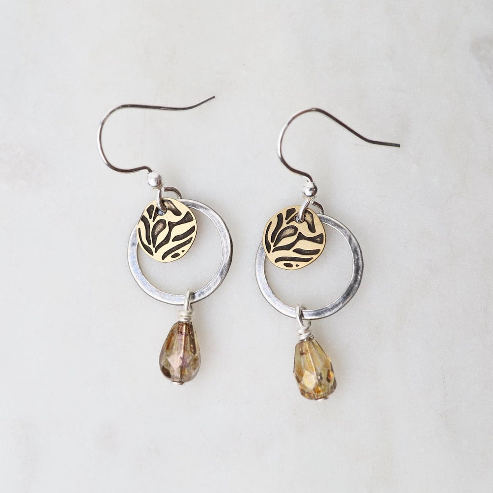 EAR-JM Silver Hoop, Bronze Disc, and Hanging Brown Bead Earrings