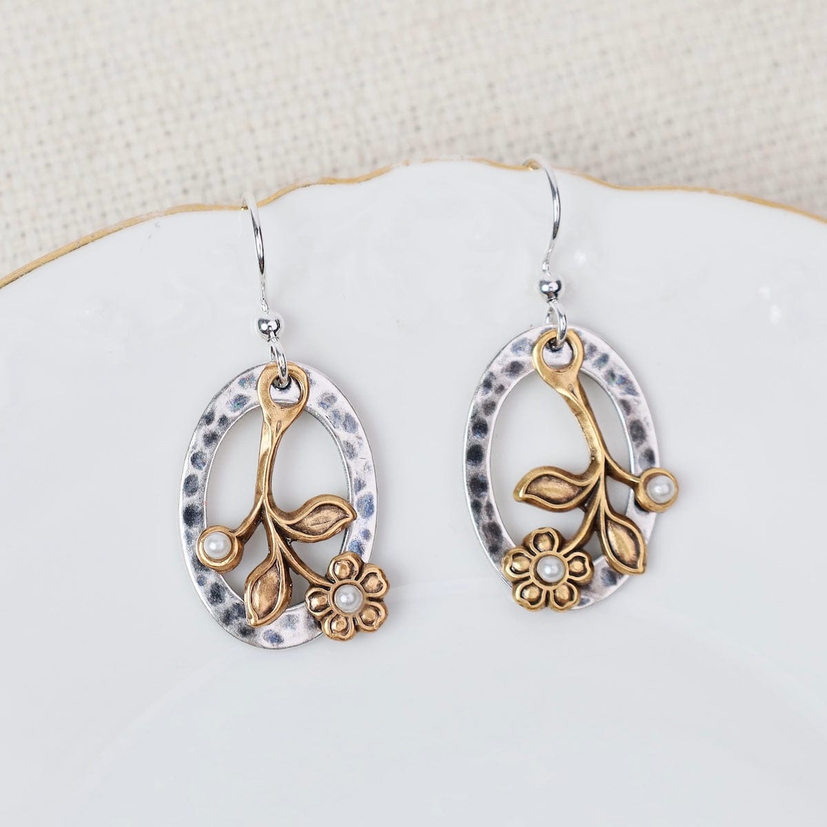 EAR-JM Silver Plated Hoops with Gold Tone Flowers Earring