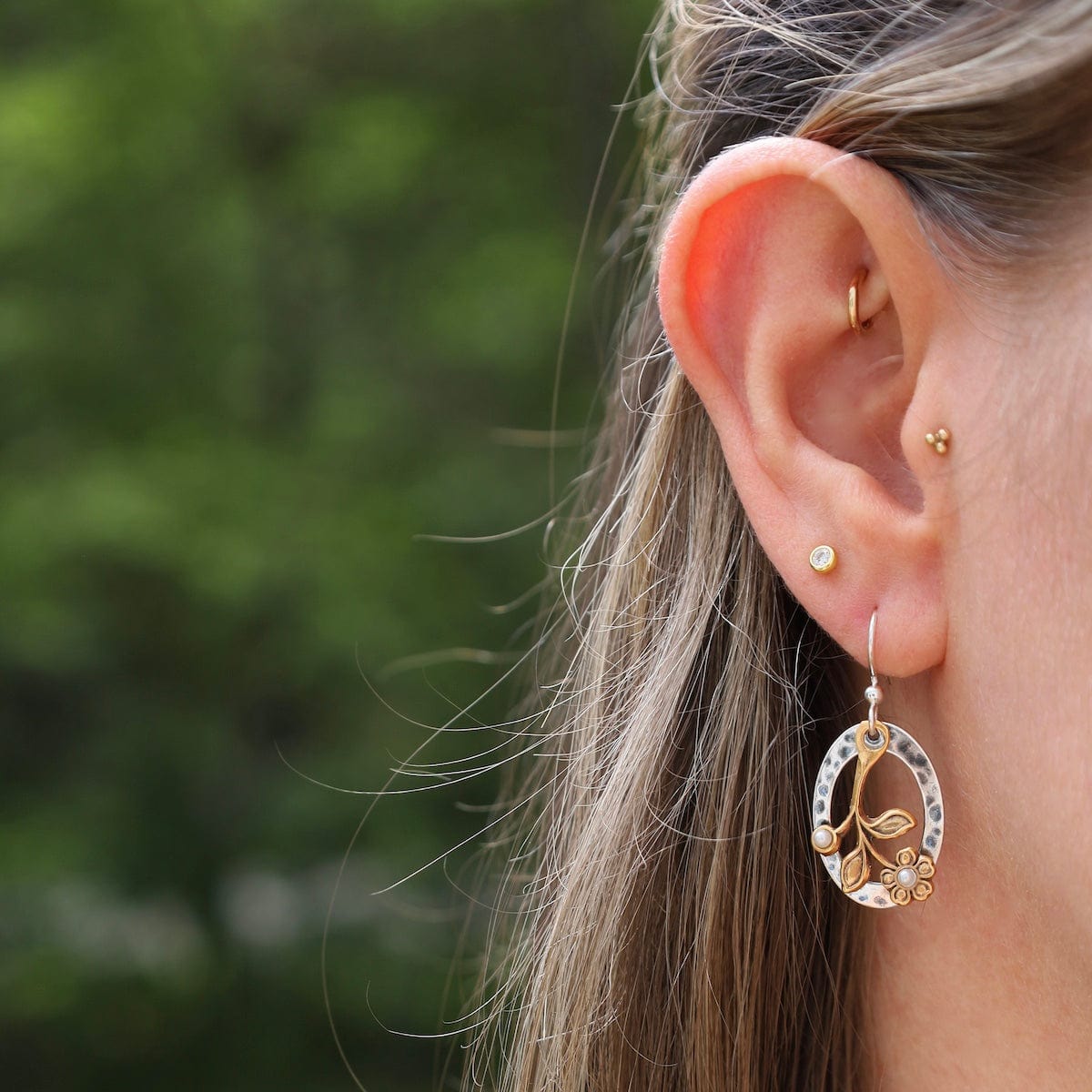 EAR-JM Silver Plated Hoops with Gold Tone Flowers Earrings