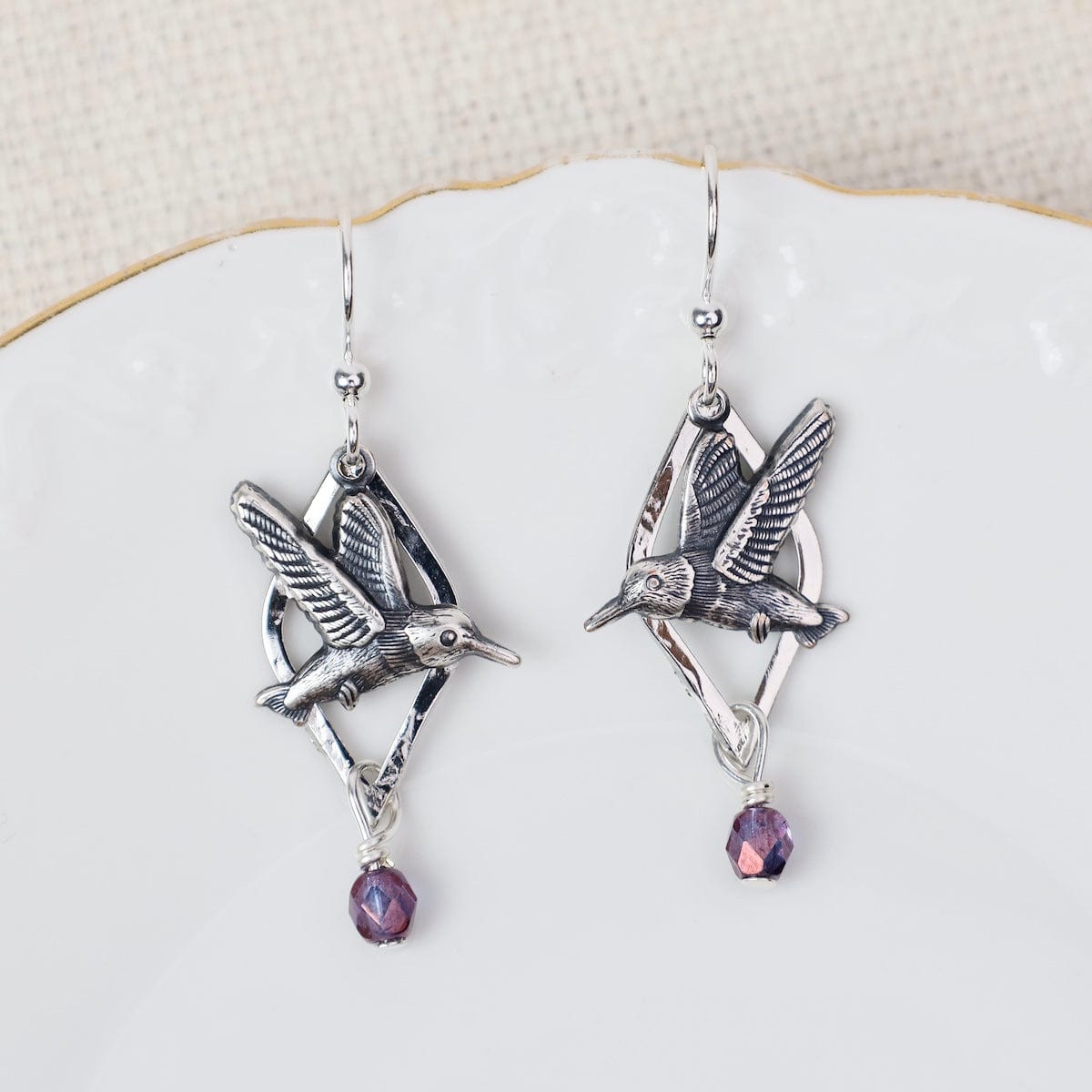 EAR-JM Silver Plated Hummingbird in Flight with Purple St