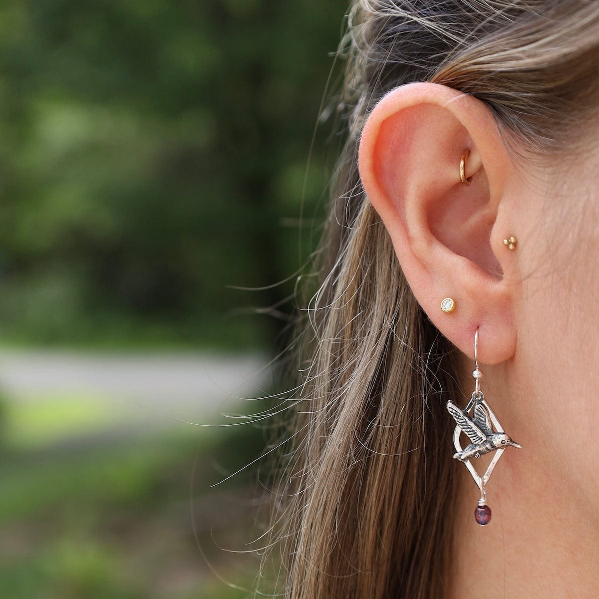 EAR-JM Silver Plated Hummingbird in Flight with Purple Stone Earrings