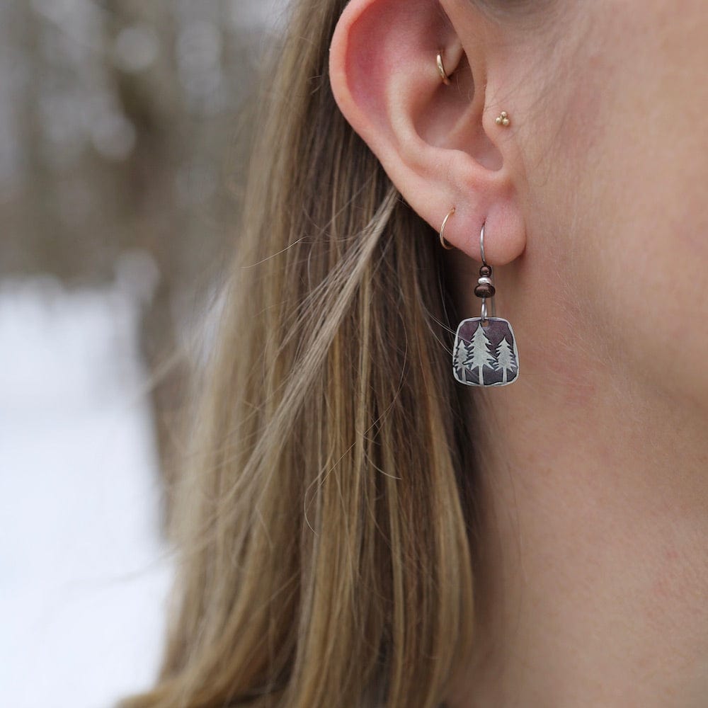 EAR-JM Silver Tone & Brown Tall Pines with Matching Beads Earrings