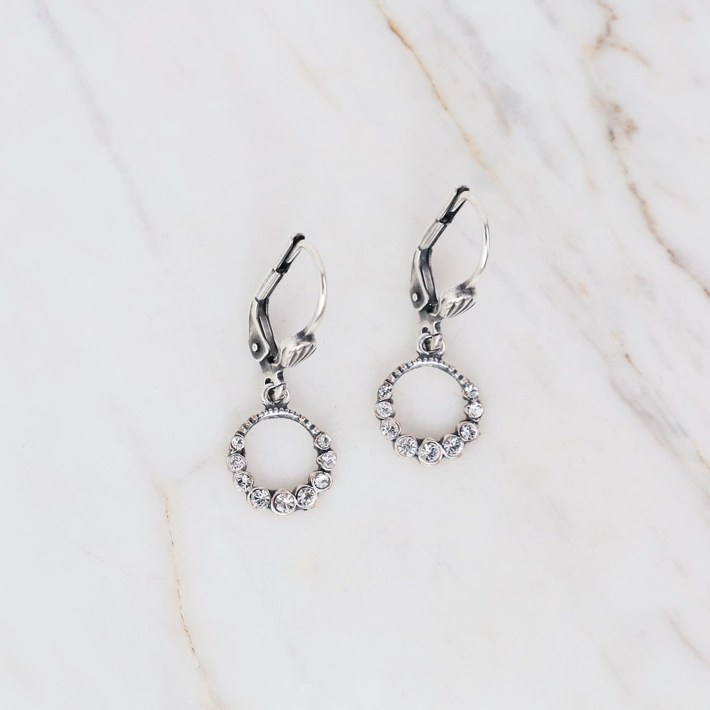 EAR-JM Small Circle Clear Crystal Earrings - "Old Silver"