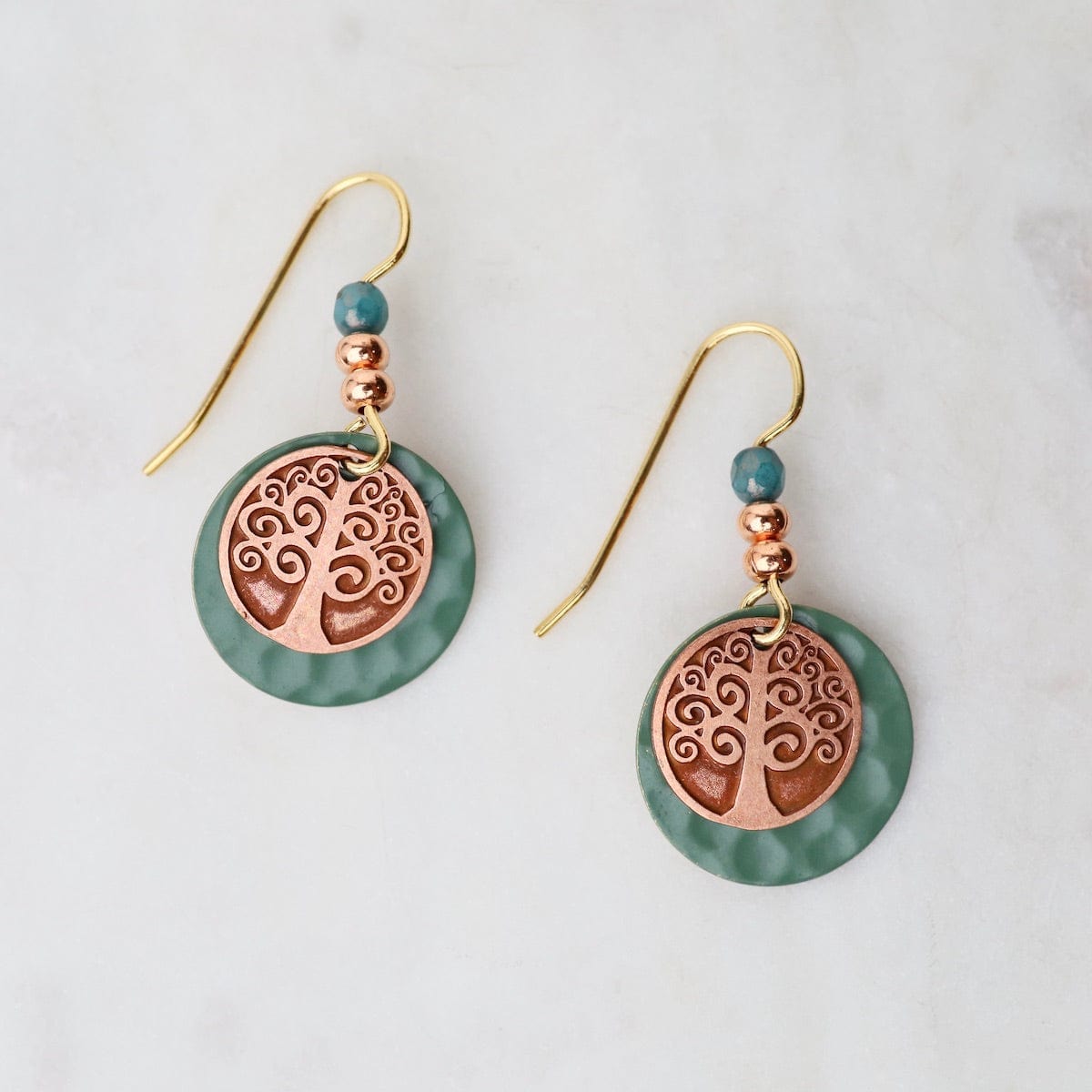 EAR-JM Small Tree of Life on Green Disc Earrings