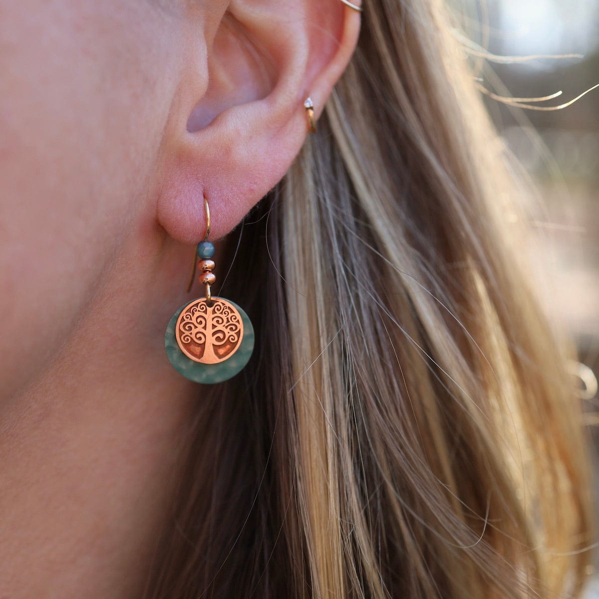 EAR-JM Small Tree of Life on Green Disc Earrings