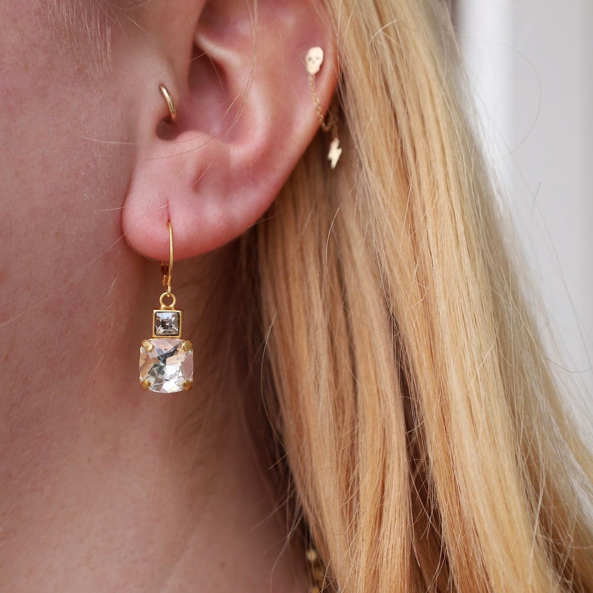 EAR-JM Square Crystal Drop Earrings - Gold Plate