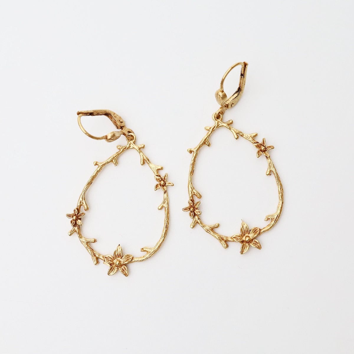 EAR-JM Teardrop Branch with Flowers Earrings - Gold Plate