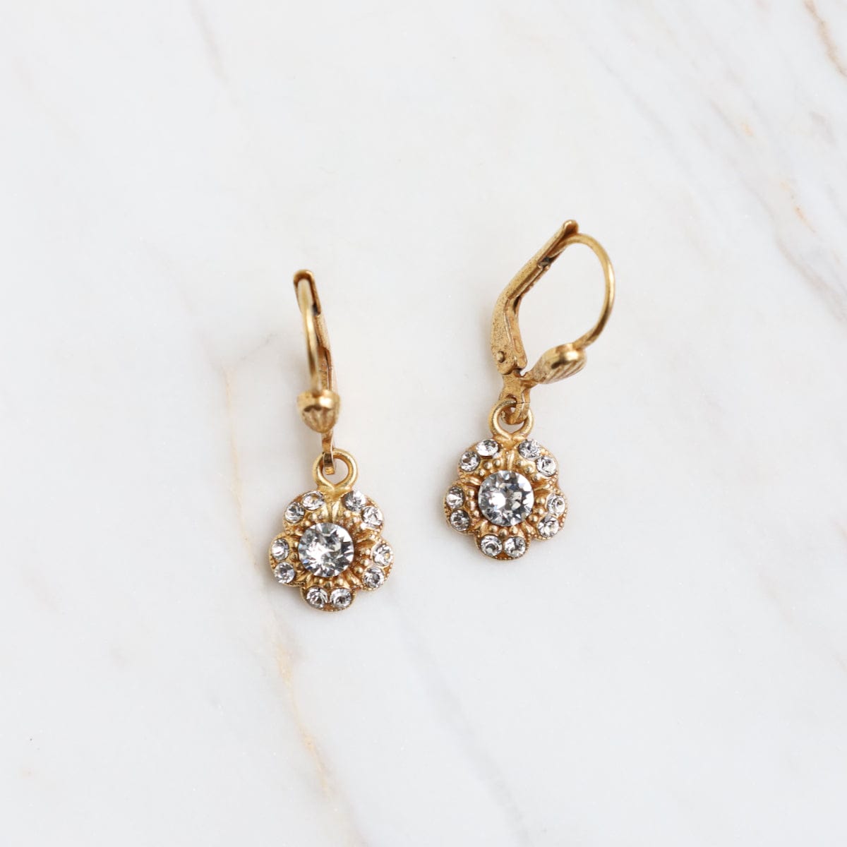 1218 EAR-JM Tiny Flower Drop Earring with Clear Crystals - Gol