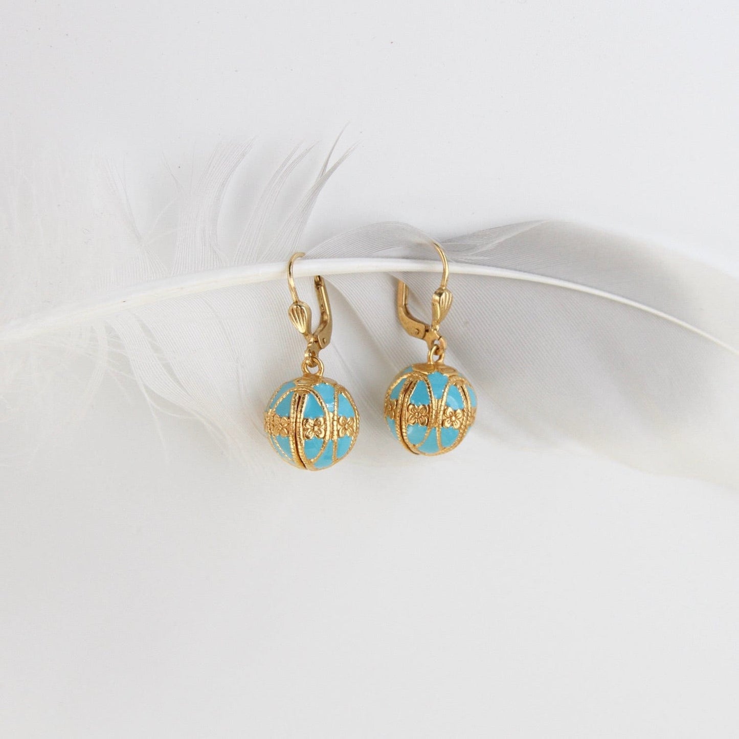 EAR-JM Turquoise Enamel Ball Drop Earring - Gold Plate