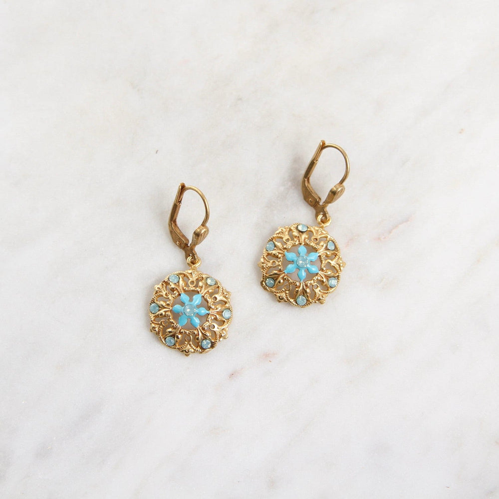 EAR-JM Turquoise Enamel Flower & Filigree Drop Earring