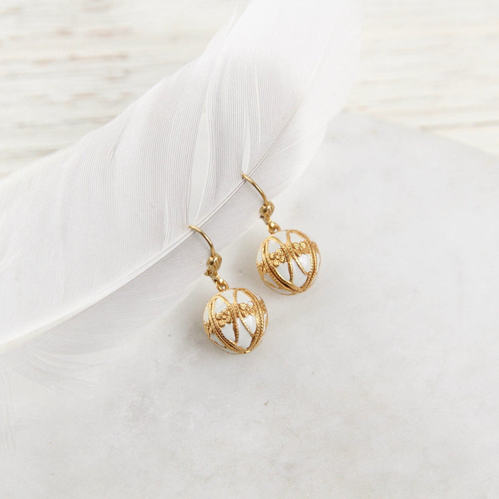 EAR-JM White Enamel Ball Drop Earring - Gold Plate