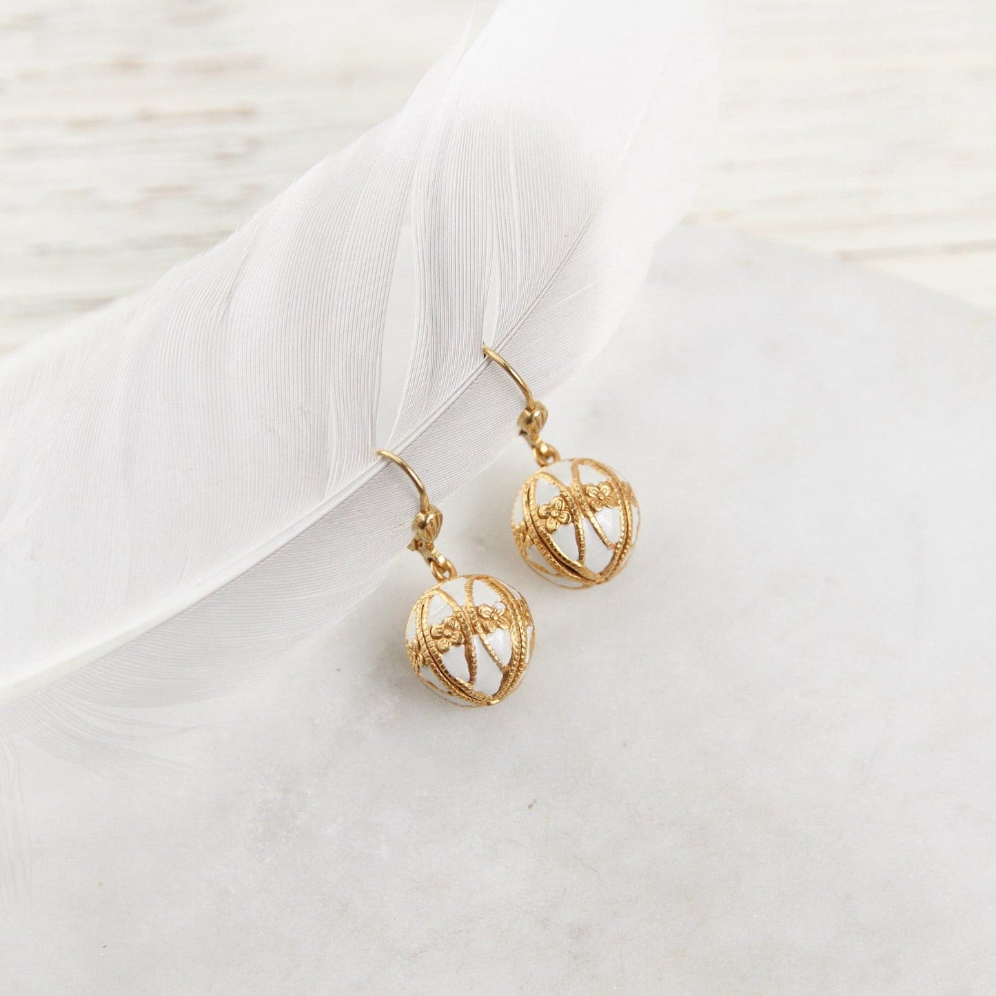 EAR-JM White Enamel Ball Drop Earring - Gold Plate