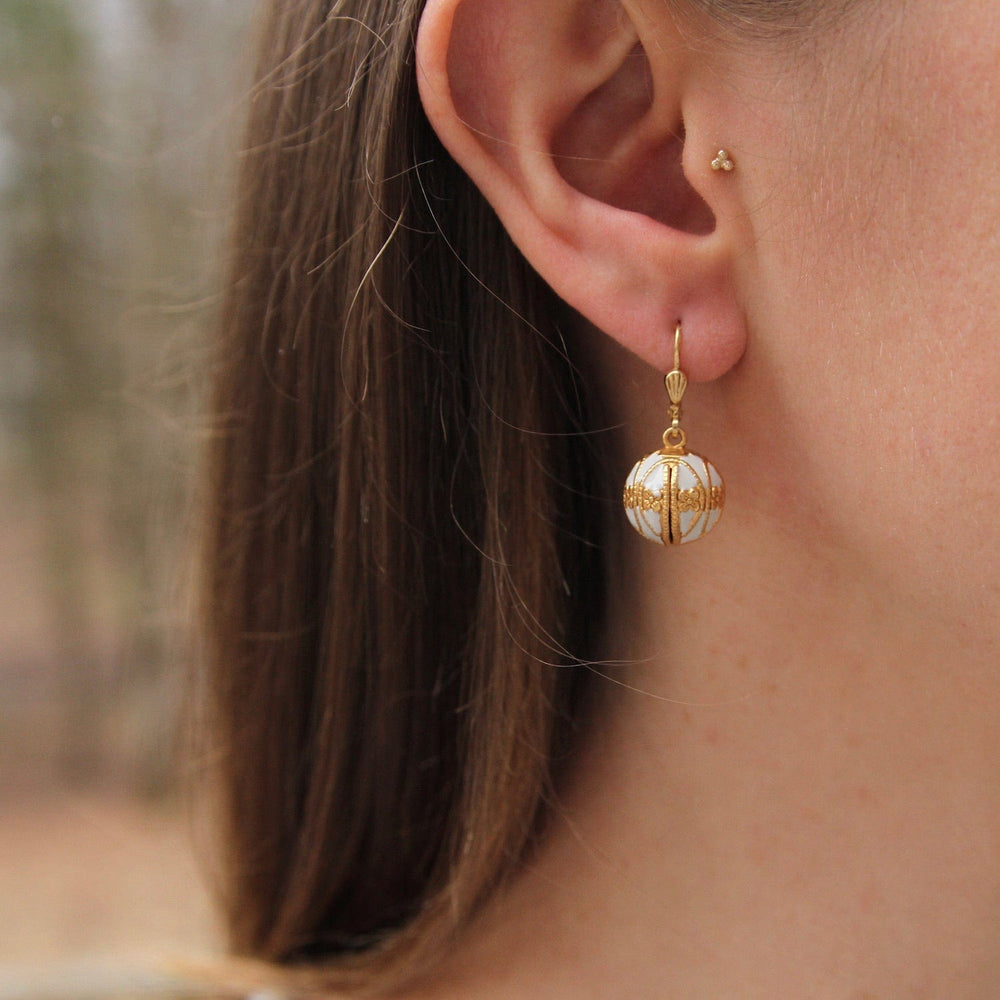 EAR-JM White Enamel Ball Drop Earring - Gold Plate