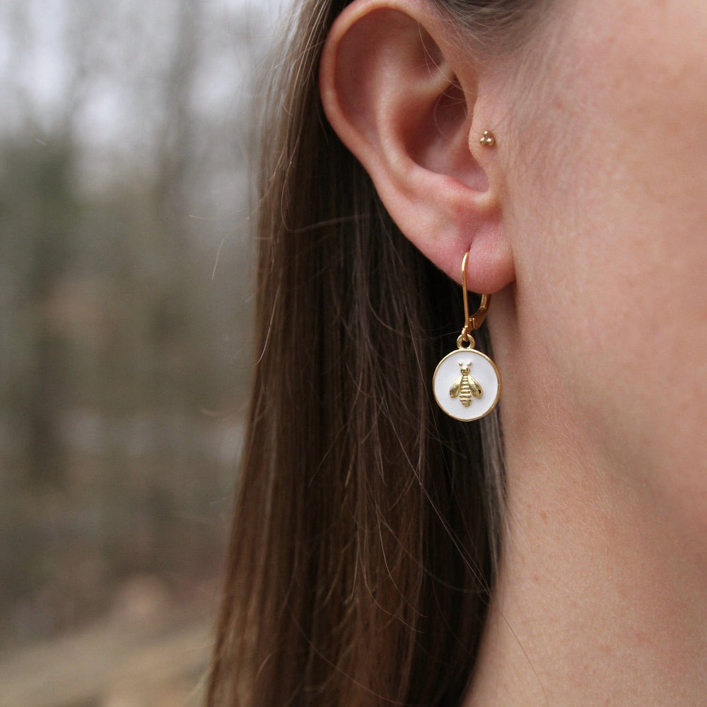 EAR-JM White Enamel Bee Drop Earring - Gold Plate