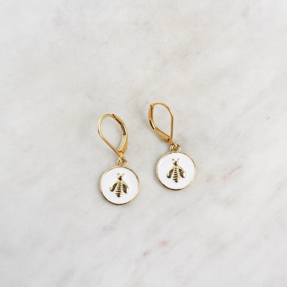 EAR-JM White Enamel Bee Drop Earring - Gold Plate