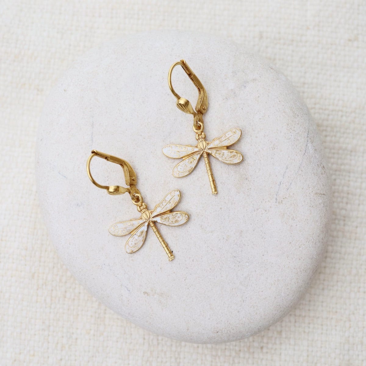 EAR-JM White Enamel Dragonfly Earrings - Gold Plate