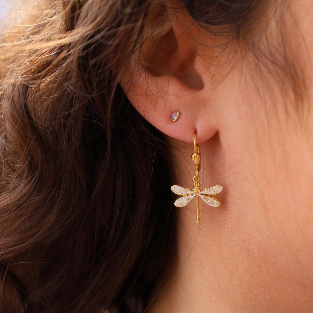 EAR-JM White Enamel Dragonfly Earrings - Gold Plate