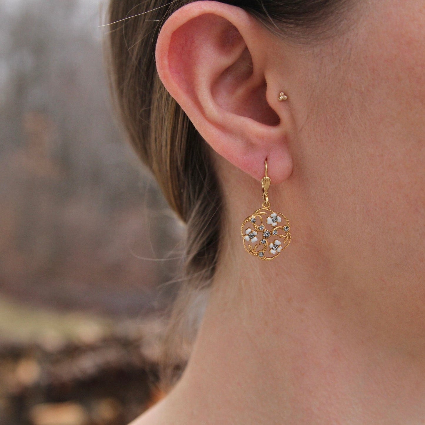 EAR-JM White Enamel Flowers Circle Drop Earring - Gold Plate