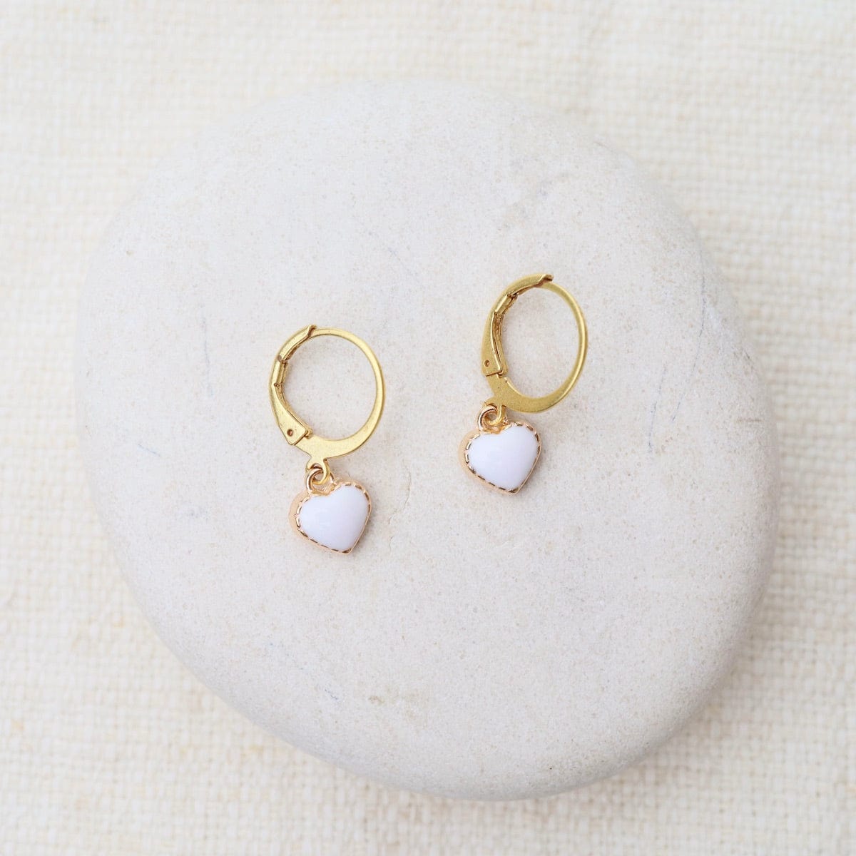 EAR-JM White Enamel Heart Drop Earrings - Gold Plate