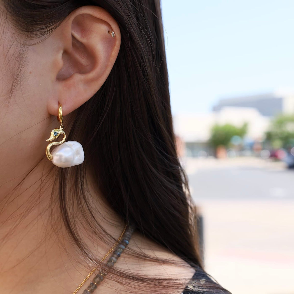 EAR-JM White Pearl Swans on Hoops Earrings