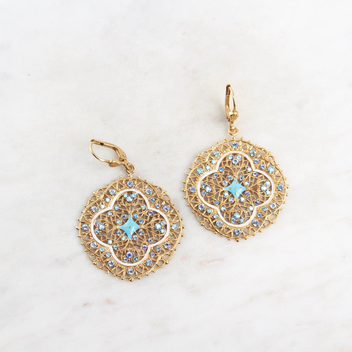 EAR-JM White & Turquoise Enamel Golden Crystal Encrusted