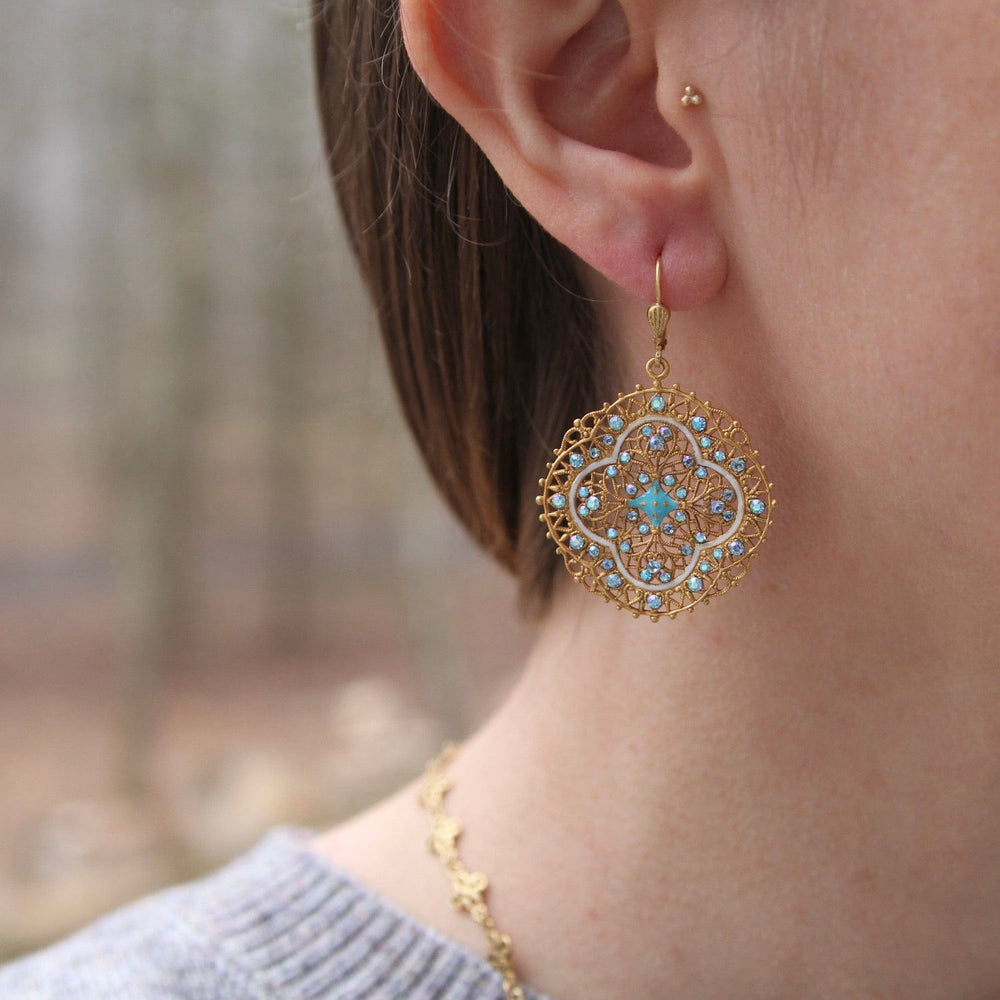 EAR-JM White & Turquoise Enamel Golden Crystal Encrusted