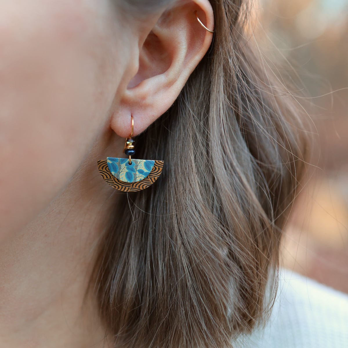 Load image into Gallery viewer, EAR-JM Wooded Forest Half Disc Backing in Brown Earrings
