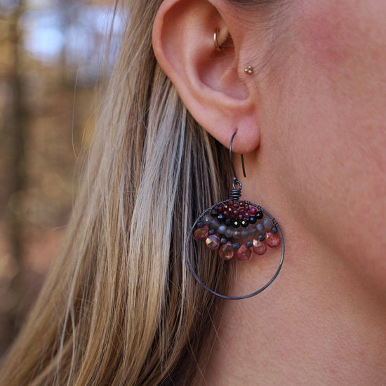EAR Large Hoop Oxidized Silver Earrings in Garnet